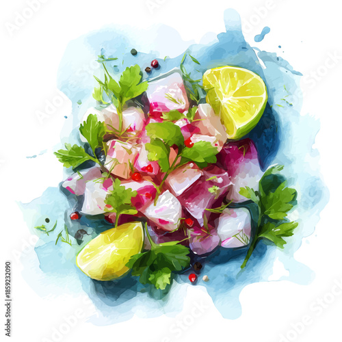 Ceviche, watercolor illustration vector, isolated on a white background.