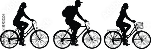 Cyclists silhouette vector illustration showing men and women riding bicycles, urban commuting, outdoor activity, black isolated design on white background