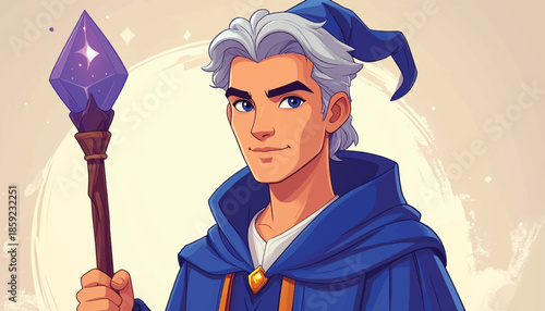 Cartoon Wizard with Staff and Blue Robe Illustration.