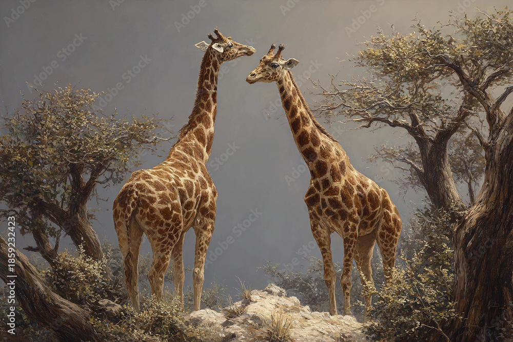 Fototapeta premium Two giraffe standing facing each other in natural dry landscape with sparse trees and rocky ground, showing calm and peaceful wildlife behavior in muted color palette