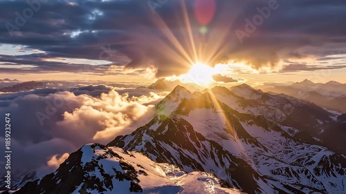 Snowy Mountain Peaks at Dramatic Sunrise.