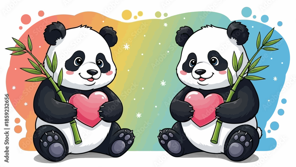 Obraz premium Adorable panda bears holding hearts and bamboo in colorful background
