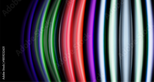 Abstract colorful light streaks form curved lines against dark background. Gradient transitions create visual rhythm.