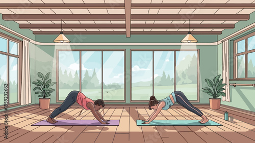 Two women practicing yoga in modern studio with large windows