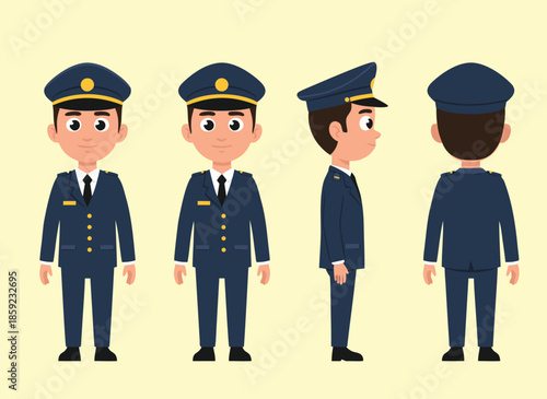 Cartoon character of a police officer from different angles.
