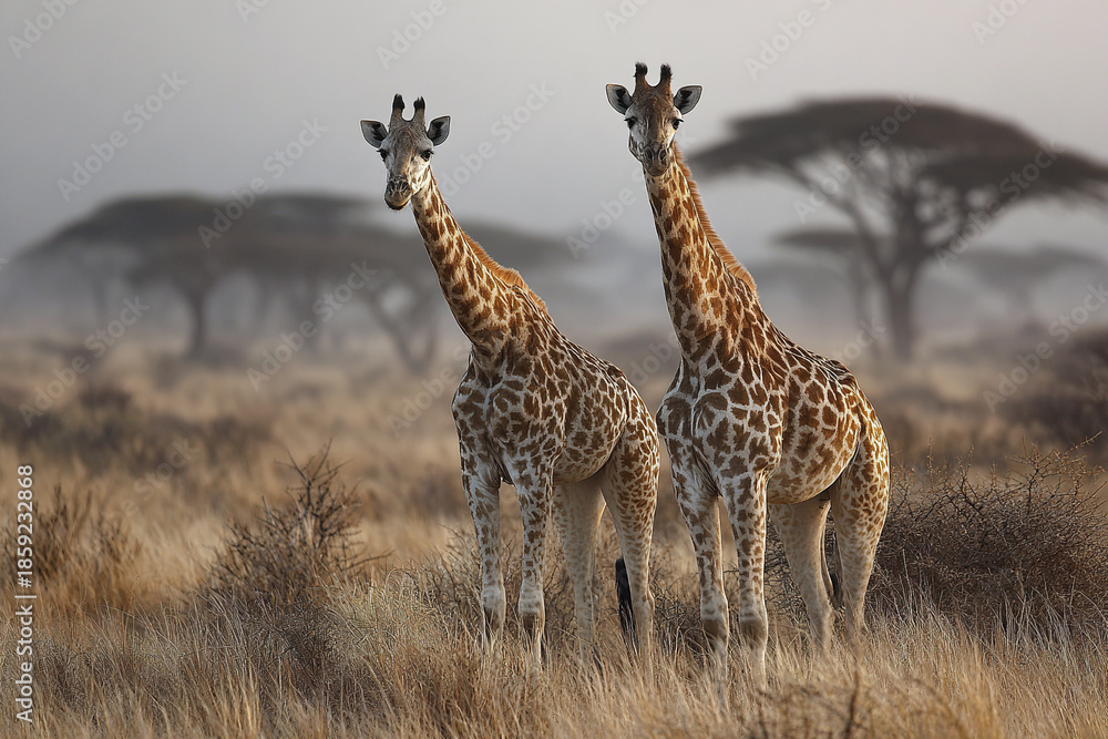 Obraz premium Two giraffe standing calmly in dry savanna grassland with acacia trees in background during misty morning, showcasing their tall height and patterned fur in natural habitat