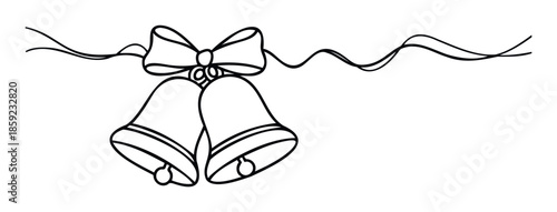 Classic line drawing of two festive bells tied with a bow and flowing ribbons, perfect for wedding invitations, holiday greetings, or celebratory event decorations.