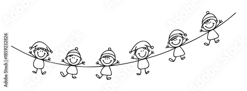 Cheerful stick figure children wearing Santa Claus hats playfully hanging on a decorative string, perfect for holiday greetings, party invitations, or seasonal event promotions.