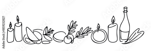 Elegant continuous line drawing depicting various candles, delicate botanical branches, and a stylish bottle, ideal for sophisticated invitations, decorative prints, or contemporary graphic