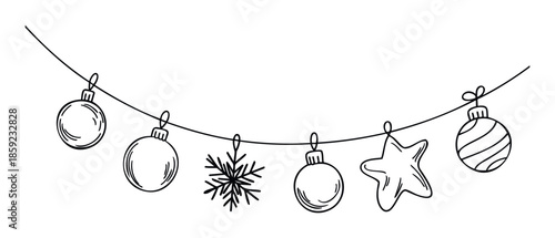 A festive black outline garland featuring various hanging Christmas ornaments including spherical balls, a snowflake, and a star, perfect for holiday greetings, winter celebrations, and