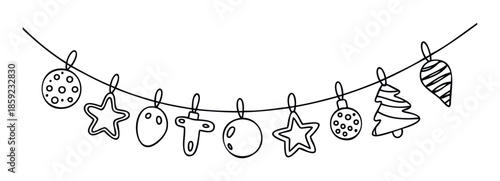 Whimsical hand drawn Christmas ornaments garland doodle for festive winter holidays celebration invitations, seasonal greeting announcements, and cheerful social media promotions.