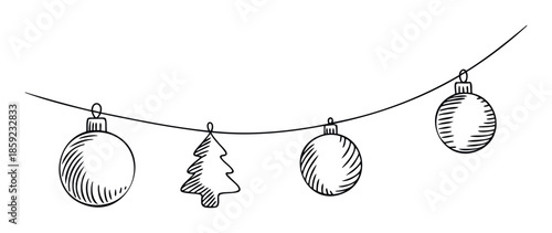 Simple black and white line drawing depicting a charming string of winter holiday decorations with hanging spheres and a conifer shape ideal for merry seasonal graphic content