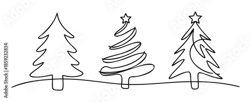 Three minimalist Christmas trees with stars on top, drawn in a continuous line style, perfect for holiday greetings, festive decorations, winter season promotions, or celebration displays.