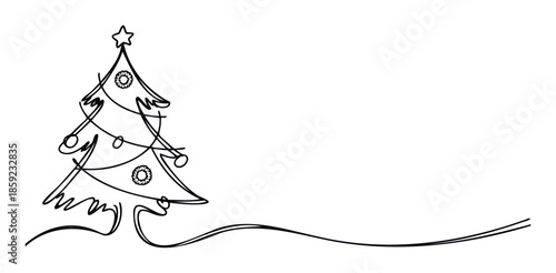 Minimalist continuous line drawing of a decorated Christmas tree with a star and ornaments, perfect for holiday greeting cards, winter season promotions, and festive event invitations.