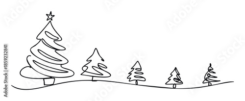 Minimalist continuous line drawing of Christmas trees with a star on top for holiday season greetings and festive winter event invitations