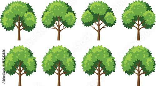 Green leafy tree set flat vector illustration featuring lush forest foliage, garden and park trees collection isolated on white background