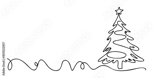 Minimalist continuous line drawing of a festive Christmas tree adorned with a star, perfect for holiday greetings, winter season invitations, or cheerful social media posts