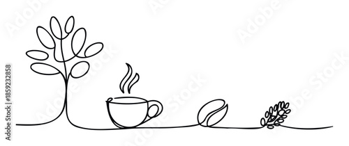 Minimalist continuous line drawing illustrating the coffee lifecycle from a growing plant to a hot beverage cup perfect for cafe branding or educational content