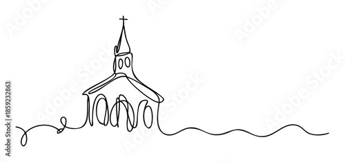 Minimalist continuous line drawing depicting a traditional church building with a steeple and cross, symbolizing faith and community for religious event invitations or spiritual journey