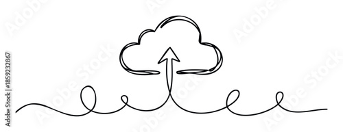 Fluid single line drawing of a cloud icon with an upward arrow, symbolizing data upload, cloud storage, and digital connectivity, perfect for technology websites, mobile apps, and business