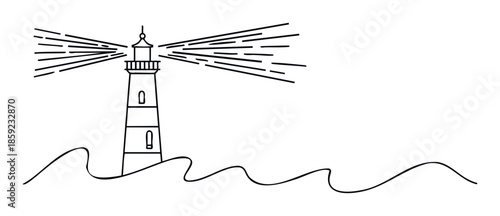 Outline drawing of a tall lighthouse casting bright rays across the wavy sea, perfect for conveying themes of direction, marine safety, and guidance.