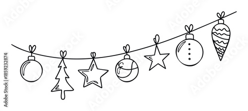 Simple hand drawn line of various Christmas holiday decorations and festive ornaments hanging from a string, suitable for seasonal celebrations and greeting supplies.
