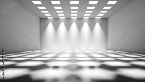 A minimalist, empty interior space, bathed in spotlight illumination, showcasing a checkered floor pattern.