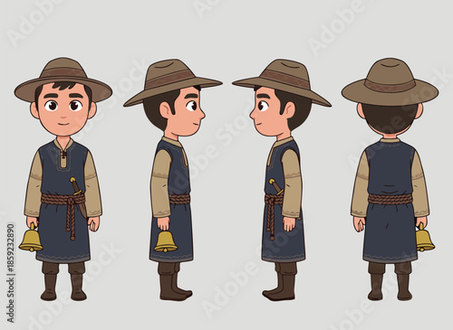 Cartoon character of a young boy dressed in traditional clothing holding a bell.