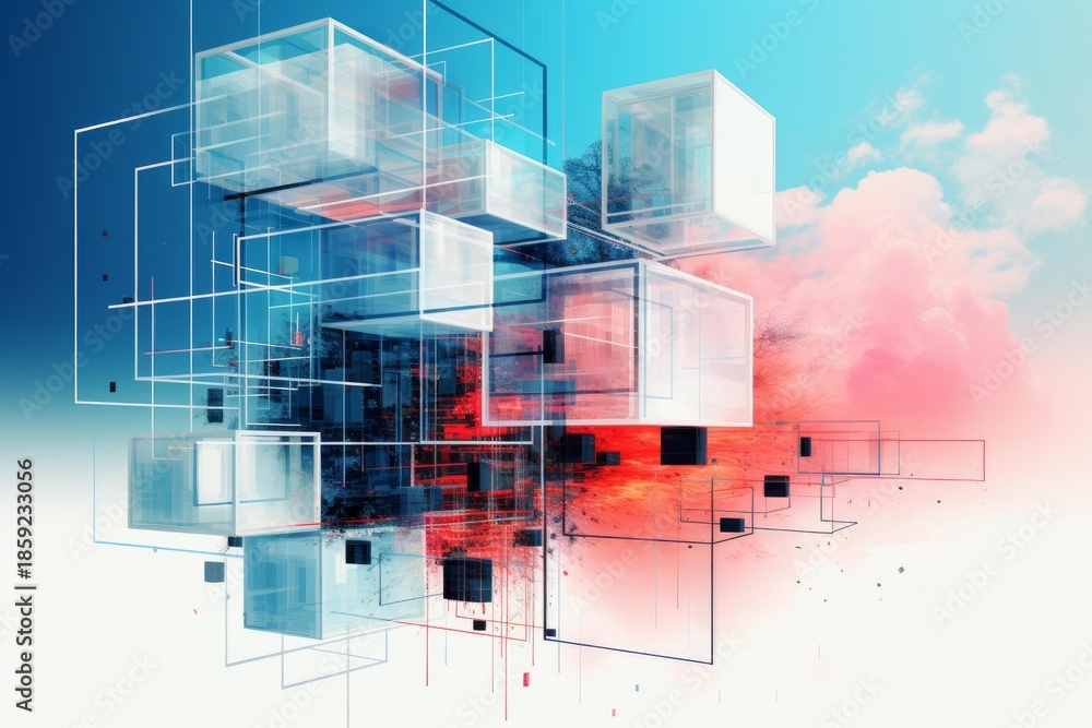 Fototapeta premium Transparent glass cubes interconnected, creating a futuristic architectural concept against a vibrant sky backdrop