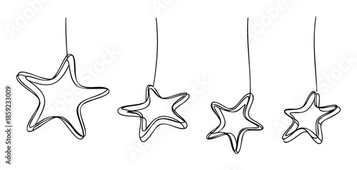 Minimalist handdrawn black outline stars with a wobbly organic feel are hanging in a simple linear arrangement perfect for holiday decorations, event invitations, or festive graphic