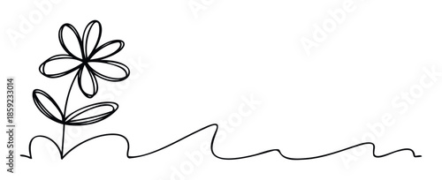 A charming continuous line drawing of a blooming flower with a flowing stem creating an elegant border, perfect for minimalist greeting cards, whimsical social media posts, and simple