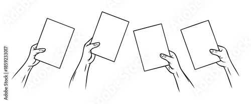 Line drawing depicting multiple human hands presenting blank rectangular sheets of paper, perfect for use in mockups, announcements, or informational graphic displays.