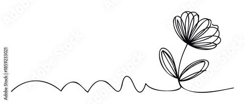 Simple continuous line drawing portraying a delicate flower with flowing leaves and stem, ideal for adding a minimalist botanical touch to various graphic applications, invitations, or