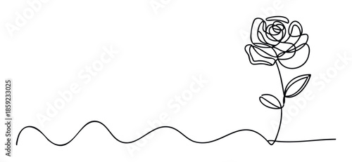 Graceful continuous line drawing of a rose on a stem with leaves and an elegant wavy line, perfect for modern romantic greeting cards, invitations, or minimalist wall decor.