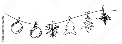 Simple minimalist Christmas decorations, including baubles, snowflakes, and fir trees, depicted in a single line style, ideal for holiday season event promotions and festive visuals.