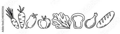Variety of fresh farm produce and staple meal ingredients displayed in a handdrawn black outline style, perfect for restaurant menus or healthy lifestyle blogs and cooking recipe