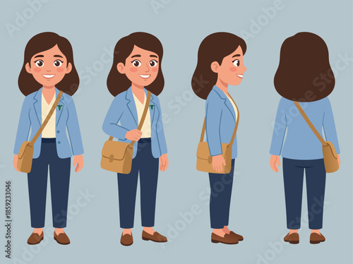 Cartoon character of a young woman in business attire, shown from multiple angles.