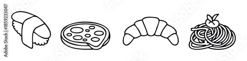 Delicious diverse global cuisine doodles including sushi, pizza, croissant, and pasta illustrations perfect for menu icons or culinary themed graphic projects