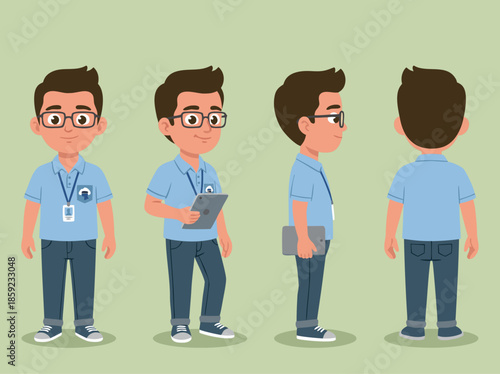 Cartoon character of a young man in casual business attire, shown from multiple angles.