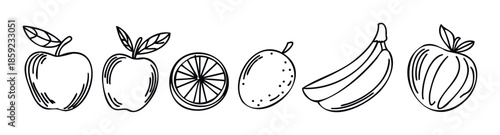 Collection of outlined fresh fruits including apples, orange, mango, and banana in a simple doodle style for healthy eating concepts, educational materials, or childrens book designs