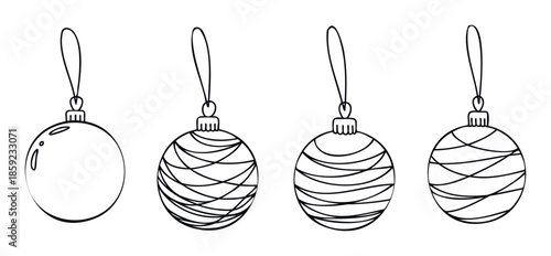 Collection of black and white line art Christmas ornaments with various decorative designs, perfect for holiday season graphic assets, greeting designs, and festive craft projects.