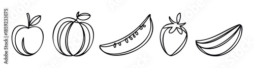 Stylized continuous line drawing depicting a collection of popular fruits and vegetables such as apple, pumpkin, melon, strawberry, and banana, perfect for grocery branding, healthy