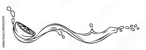 Dynamic black and white line drawing depicting a fresh lemon slice with a splashing liquid wave and droplets, ideal for beverage packaging or healthy food promotions.