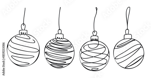 Collection of handdrawn Christmas baubles in a minimalistic continuous line style, perfect for creating elegant holiday graphics, seasonal greeting cards, or festive web decorations