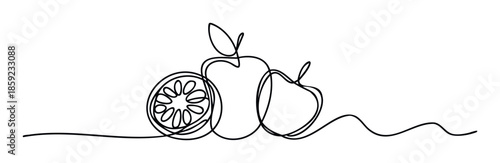 Continuous line drawing of healthy fruits including a sliced citrus, a whole apple, and a pear, perfect for minimalist food branding and health related graphic projects