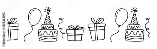 Celebration themed doodle drawing featuring party cakes, festive balloons, and wrapped presents perfect for adding a joyful touch to various occasions and events.