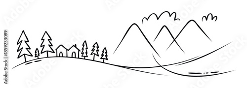 Simple black outline drawing of a tranquil landscape featuring houses, trees, and mountains, perfect for minimalistic nature themes and various graphic applications