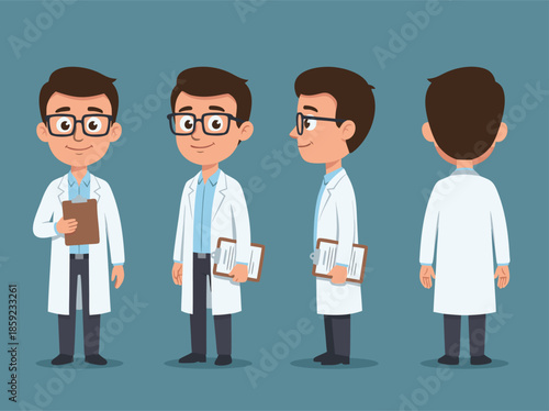 Cartoon Doctor Character Front Side Back View.