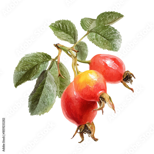 Dog Rose Hip, watercolor drawing vector, isolated on a white background.