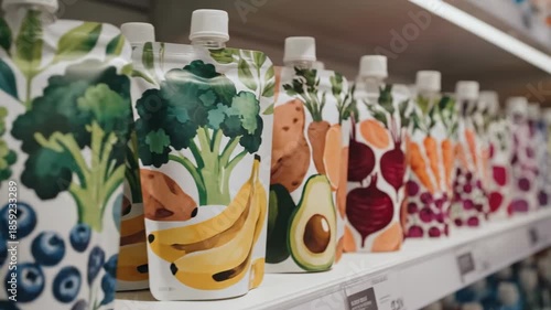Cinematic dolly shot gliding past colorful baby food packages showcasing abstract illustrations of fresh fruit and healthy vegetables texture, pouch, nutrition